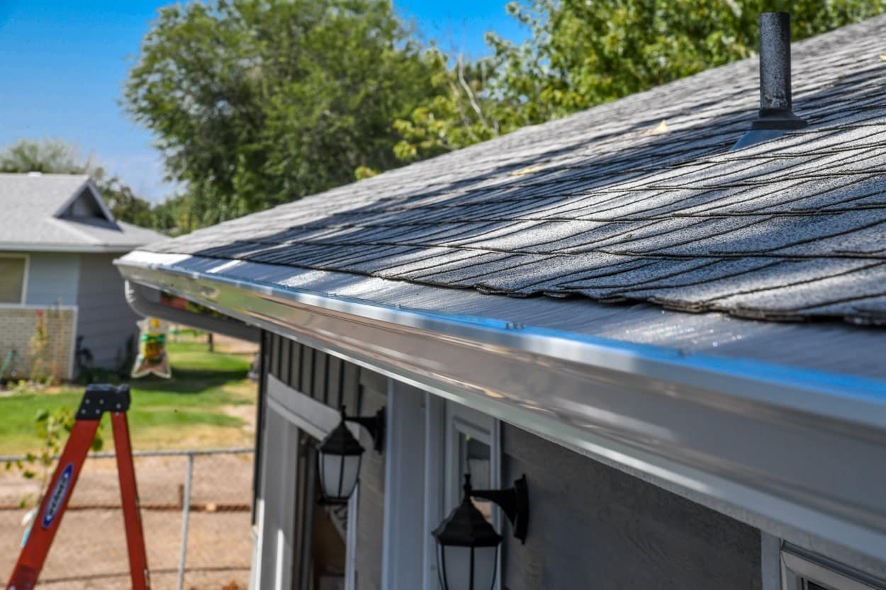 Rain gutter with leaf gutter guard mesh installed